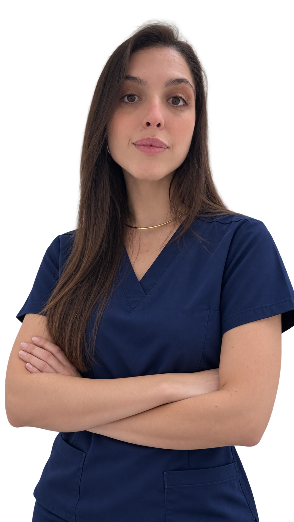 Profª Drª Catharina Simioni com scrub azul-escuro e braços cruzados